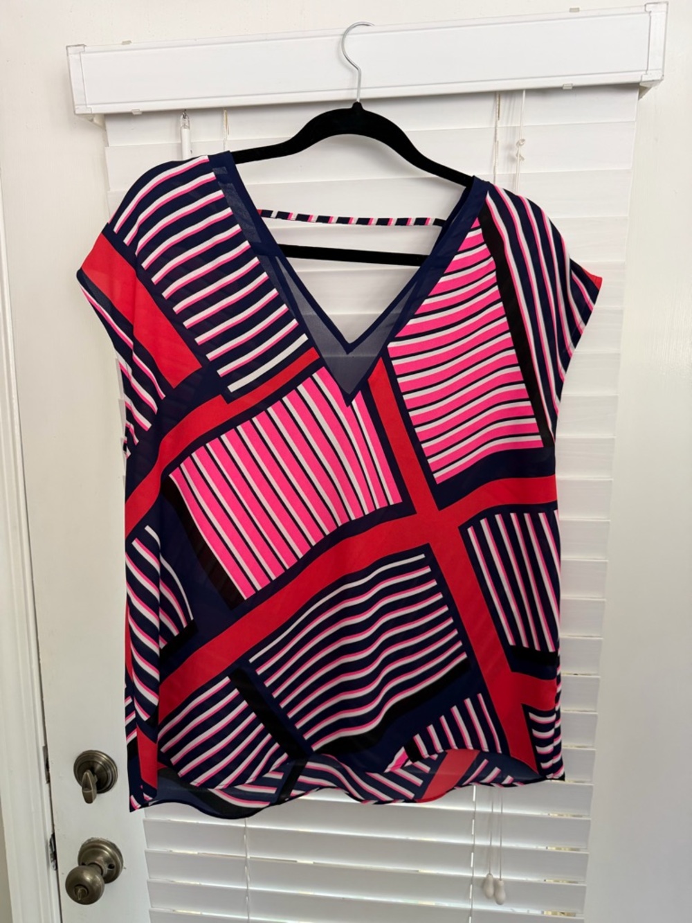Express Pink, Navy & Red Geometric V-Neck Blouse